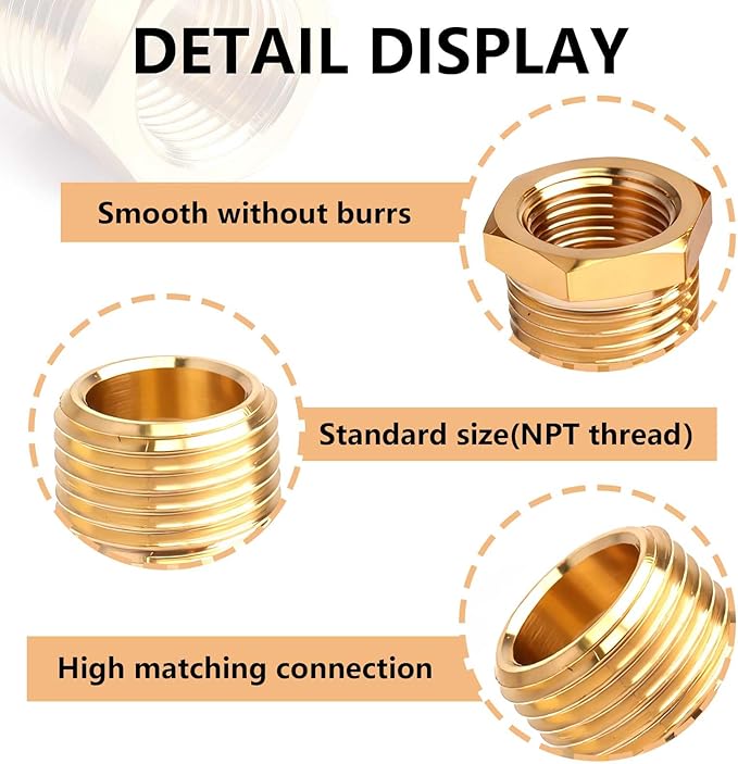 1/2" NPT Male to 3/8" NPT Female Brass Hex Bushing Reducing Bushing Pipe Fitting, Brass Fitting Reducer Adapter 3 Pack
