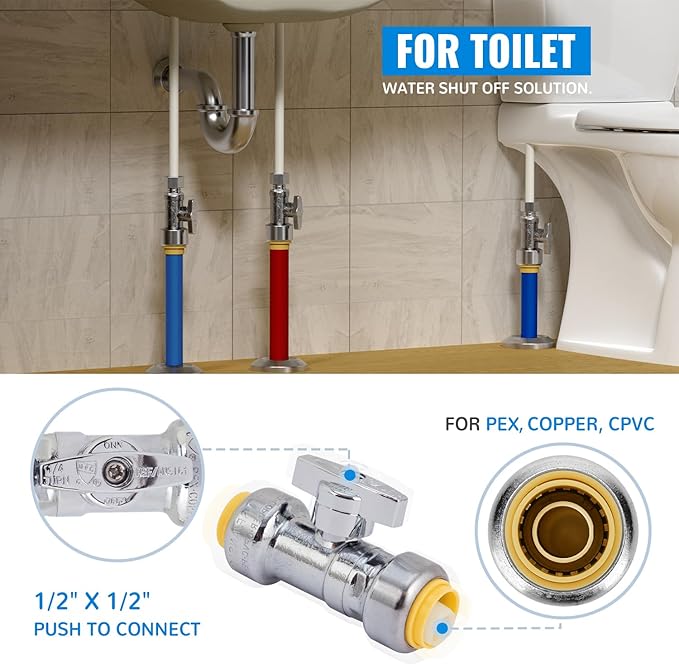SUNGATOR 1/2 Inch Straight Shut Off Valve, 1/2 Inch Pushfit Straight Stop Valve, No Lead Brass Plumbing Fittings Push to Connect PEX, Copper, CPVC, With 1 Disconnect Clip, Pack of 6