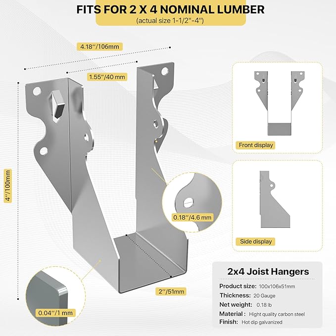 20 pcs 2x4 Joist Hanger,LU26 20 Gauge Double Shear Face Mount Joist Hanger,Hurricane Ties for Rafters Tie Brackets Great for Floor Deck and Ceiling Joists