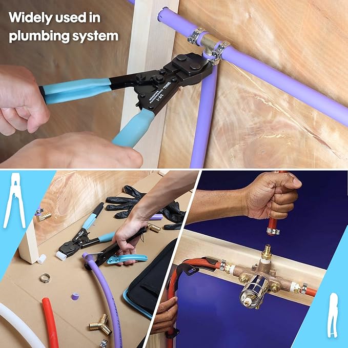 SHALL Pex Crimping Clamp Cinch Tool and Pipe Hose Cutter, Pipe Fitting Crimper Tool Kit Meets ASTM F2098 for 3/8" to 1" Stainless Steel Clamps Including 20pcs 1/2", 10pcs 3/4" Clamps With Storage Bag