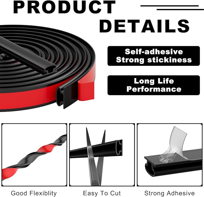 Weather Stripping Door Seal Strip, D Shape Rubber Door Weather Stripping,Self Adhesive Doors Seal Strip for Window Frame Weatherstripping Soundproofing Insulation (Black, 23FT)