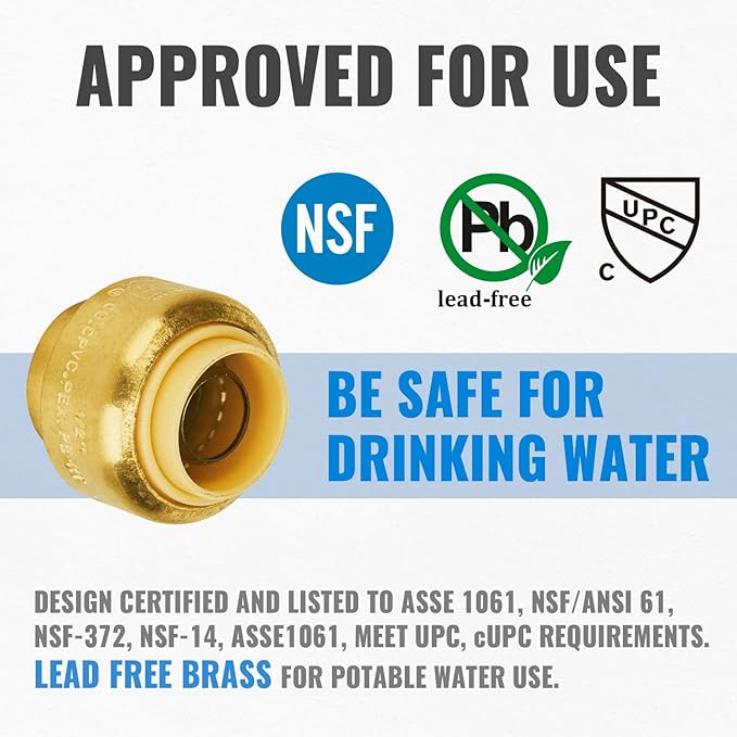 SUNGATOR 6-Pack Push Fit PEX End Cap, 1/2-Inch Push-to-Connect, No Lead Brass Plumbing Fittings with Disconnect Clip for Copper, CPVC