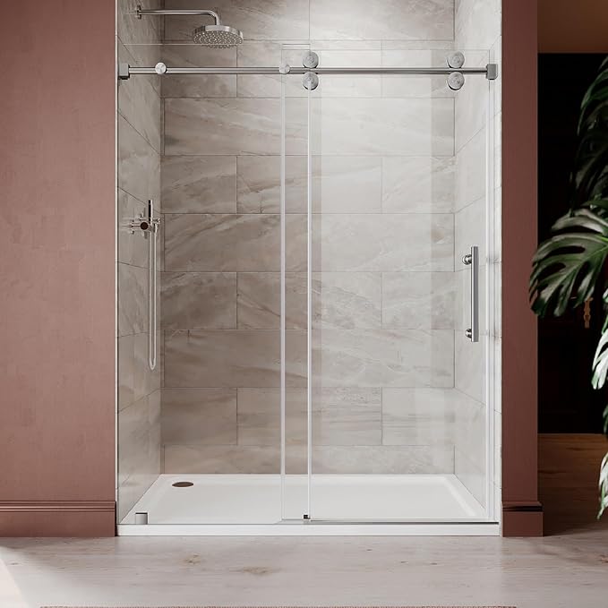 61-65 Inch x 80 Inch Sliding Frameless Shower Door, 3/8" Tempered Glass with Easy-Cleaning Coating, Stainless Steel Rollers & SGCC-Certified Stability, Brushed Nickel