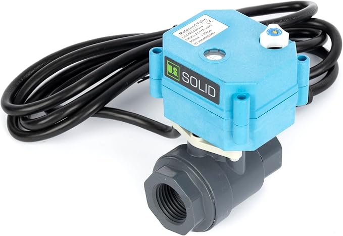 U.S. Solid 3/4” PVC Motorized Ball Valve - Plastic Electrical, US Plug, IP 67, Manual Override, 2 Wire Auto Return, AC 110~230V, Normally Closed