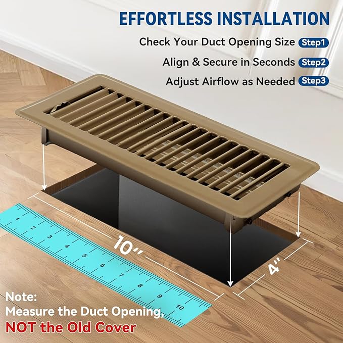 4" x 10" Floor Register Vent Covers 6-Pack, Walkable Powder-Coated Metal Vent Covers with Adjustable Airflow, Curved Safe Edges for Floor/Wall, Brown
