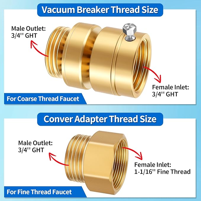 Boltigen Self Draining Vacuum Breaker, No Lead Brass 3/4" GHT Hose Bib Backflow Preventer, Comes With 1-1/16" Female x 3/4" Male Brass Converter, Fit 1-1/16'' Fine Thread and 3/4" GHT Faucet