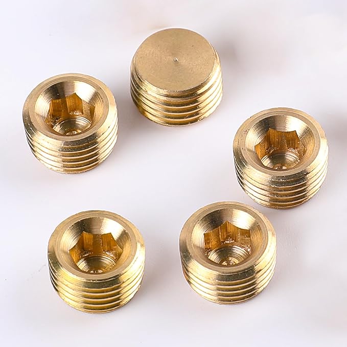 5 PCS 3/8" NPT Male Pipe Plug Fitting Set Brass Hex Counter Sunk Pipe Plug for Closing the End of Pipes, Internal Hex Socket Thread Socket Plugs Kit