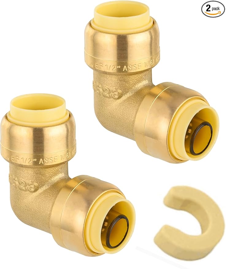 (Pack of 2) EFIELD 1/2-inch 90-Degree Elbow, Push-Fit Brass Fittings to Connect Copper, PEX, CPVC Pipe with 1/2" Disconnect Clip,(PF-UNI007)