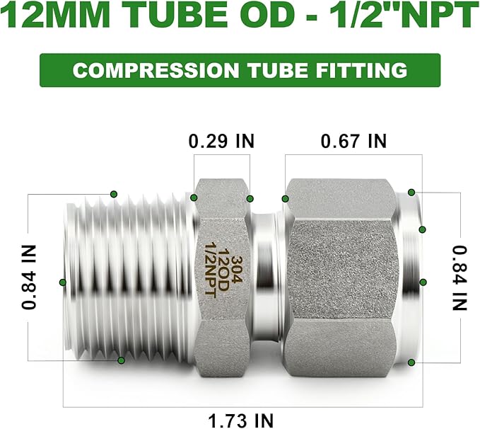 TAISHER 5PCS 304 Stainless Steel Compression Tube Pipe Fitting Connector, 12MM Tube OD x 1/2" NPT Male Straight Adapter