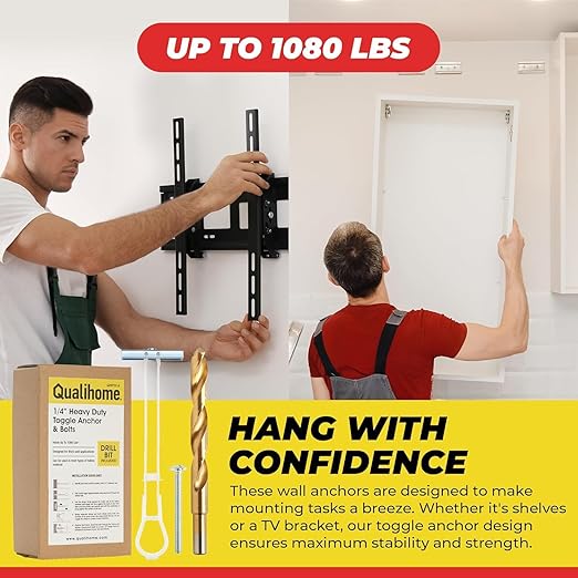 1/4”-20 Quick Easy Heavy Duty Toggle Anchors with Bolts - Hollow Wall Anchors with Steel Wings, Adjustable Up to 2 1/2" Thick Wall, Holds Up to 1080 Lbs, Heavy Duty Drill Bit Included (48 Pack)