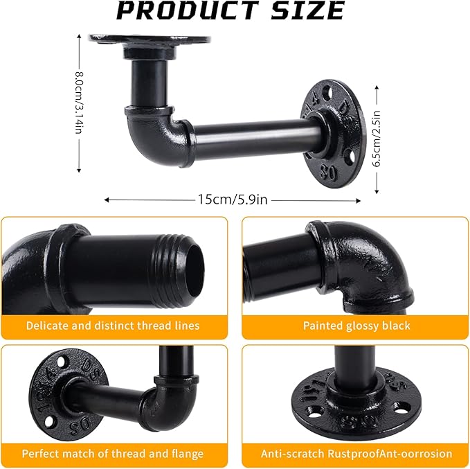 L-Shaped Industrial Pipe Shelf Brackets, Black Metal Wall-Mounted Floating Shelf Supports for 8-14 Inch Plates, Heavy-Duty DIY Rack Supports (4-Pack)