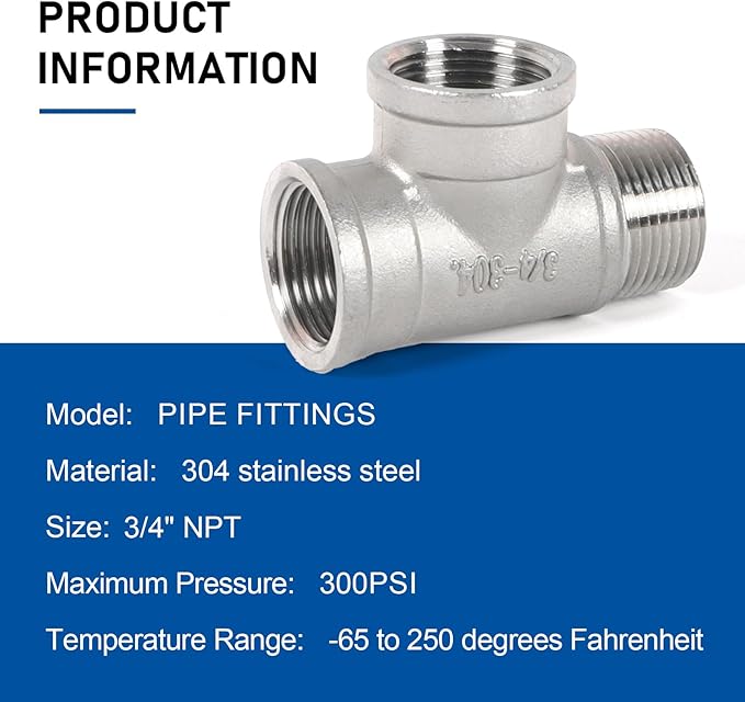 Kodilin Pipe Fittings 304 Stainless Steel Tee Pipe Fittings, Male Run Tee 3/4" NPT Female x 3/4" NPT Female x 3/4" NPT Male Thread Adapter - 4PCS