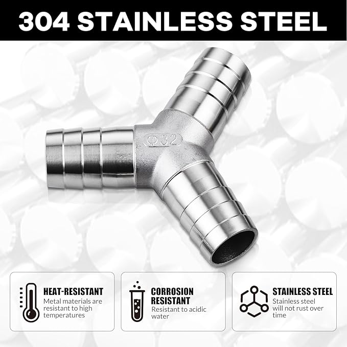 304 Stainless Stainless Steel Hose Barb 1-1/4" Barb Tee Y Shape Joint Splicer Mender Fitting Union for Water Fuel Air 2PCS
