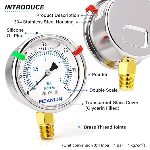 MEANLIN MEASURE 0~30Psi Low Liquid Filled Pressure Gauge Stainless Steel 1/4" NPT 2" FACE DIAL for Pool Sand Filter Water Oil Air Pressure Test Lower Mount, with Hex Bushing and 2PCS Snaps