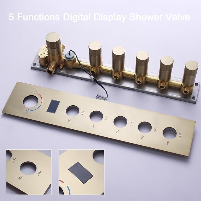 Shower Valve Concealed Shower Mixing Faucet with Temperature Display Function, Flow Control Brass Diverter Valve Kit, 5 Function Can Be Activated Simultaneously, Brushed Gold