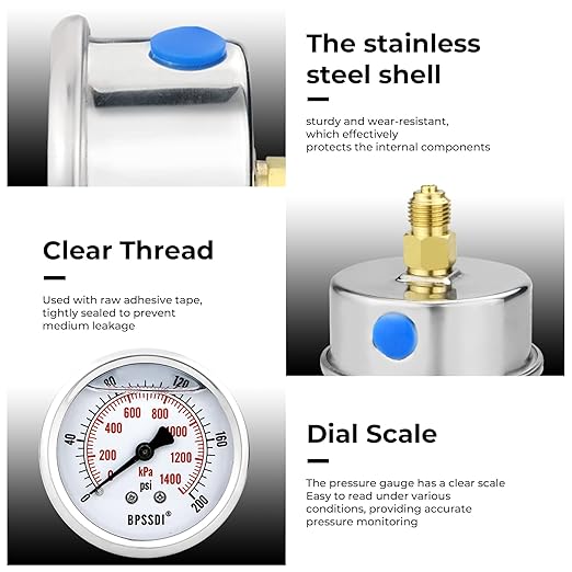 0-200 Psi Glycerin Liquid Filled Low Pressure Gauge, 2.5" Dial Size, 1/4" NPT Back Mount, 304 Stainless Steel Case, for Water Pipe, HVAC, Water Oil Air Pressure Test