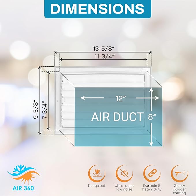 Aluminum 12 x 8 in (Duct Opening) 1-Way Air Duct Register Vent Cover for Ceiling and Wall - Modern HVAC Louver Vent Cover Adjustable – Durable Rustproof Wall Grille – Overall Size 13-5/8 x 9-5/8 Inch
