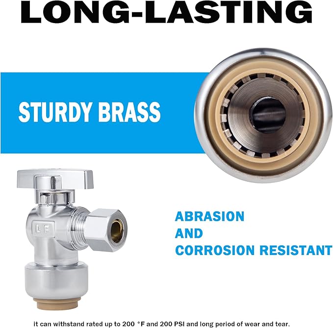 Angle Stop Valve, PushFit Angle Stop Valve,Angle Water Shut Off Valve 1/2 x 3/8 Inch Compression, Toilet Water Valve, 1/4 Turn, No Lead Brass Push to Connect Plumbing Fitting（2PCS）