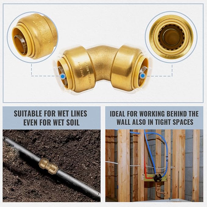 SUNGATOR 3/4 Inch 45 Degree Elbow, No Lead Brass Push to Connect Plumbing Fittings to Connect PEX Pipe, Copper, CPVC, PE-RT, with 1 Disconnect Clip, Pack of 6
