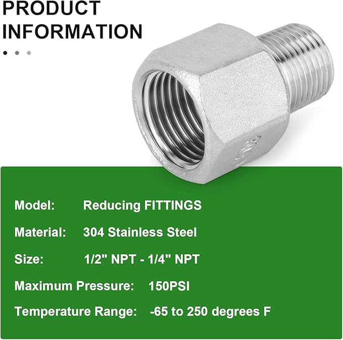 TAISHER 5PCS 304 Stainless Steel Pipe Fitting, Reducer Adapter, 1/4" Male NPTx 1/2" Female NPT