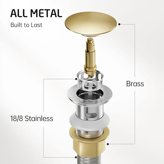 KES All Metal Bathroom Sink Drain with Strainer Basket Hair Catcher Anti Clog Pop Up Drain Stopper for Vanity Vessel Sink with Overflow, Rustproof 18/8 Stainless Steel Brushed Gold, S2013A-BZ