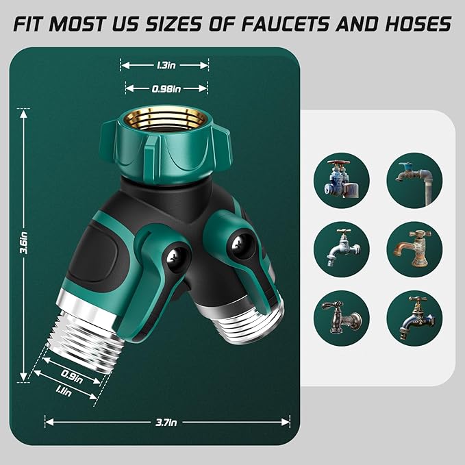 2 Way Garden Hose Splitter with Shut Off Valve,Water Spigot Splitter for 3/4" Hose Connector,Heavy Duty Metal Outdoor Faucet Splitter Y Connector for Hose,with 3 Leakproof Washers & 1 tape(2, Green)