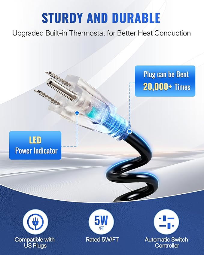 60FT Water Pipe Heating Cable, 5W Constant Power Self-Regulating Heating Cable, 5W/FT, IPX7 Waterproof, Auto-On/Off, for Metal and Plastic Water Pipes, Freeze Protection, 120V U60HC06