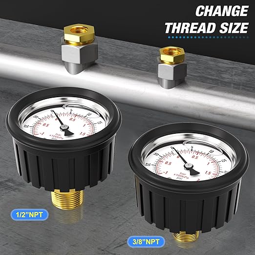 MEANLIN MEASURE -30inHG~30Psi Stainless Steel 1/4" NPT 2.5" FACE DIAL Vacuum Pressure Gauge, Center Back Mount (with Rubber Protective Sleeve), with 1/2" NPT and 3/8" NPT Hex Bushing
