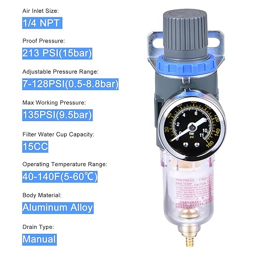 1/4"NPT Air Filter Pressure Regulator, Water-Trap Air Tool Compressor Filter with Gauge by ZHONG AN