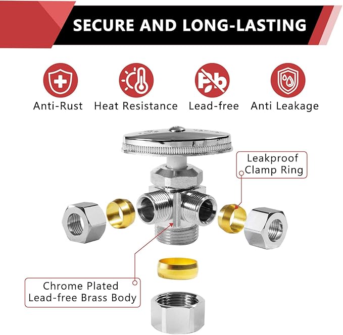 (Pack of 5) EFIELD Dual Compression Outlet Angle Stop Valve, Multi-Turn, 1/2" NOM (5/8" OD x 3/8" x 3/8") Chrome,(VALVE060-5PCS)