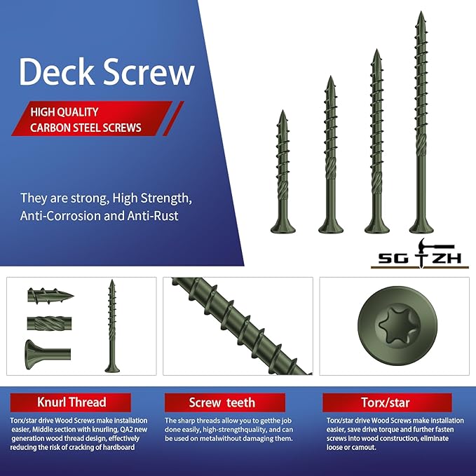 #10 x 5 Inch Deck Screws (36Pcs) 1lb. Carbon Steel, Green, Flat Head, Rust Resistant epoxy Coated, with T25 Star Bit