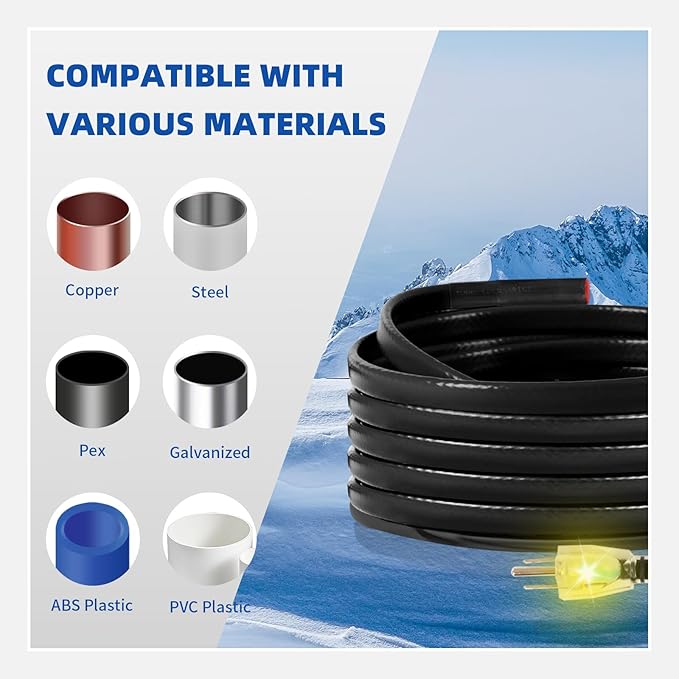 100FT Heat Cable for Water Pipes, Prevent Freezing & Easy Installation, Water Pipe Heat Cable with Thermostat Self-Regulating, Pipe Heating Trace System 120 V