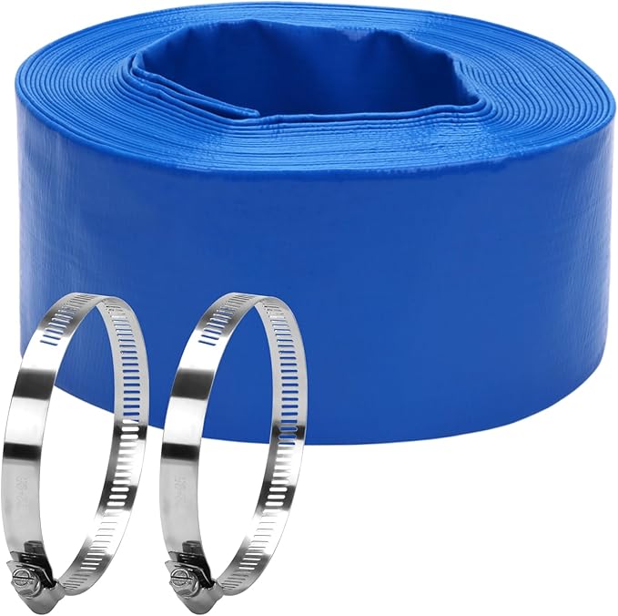 Lay-Flat Pool Backwash Hose - 3" x 50Ft Reinforced Heavy Duty PVC Discharge Hose Weather-Proof Vinyl Pool Drain Hose for Water Transfer with 2 clamps