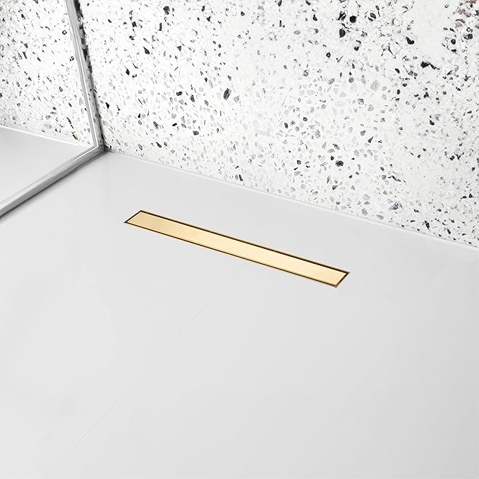28 inch Linear Shower Drain with Removable Square Hole Panel by Using Brushed 304 Stainless Steel Process, Linear Drain Equipped with Adjustable Feet and Hair Strainer(Brushed Gold Color)