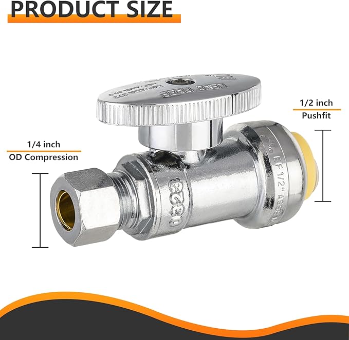 HeSun 100-PCs Push-Fit Straight Stop Valve, 1/2" Push x 1/4" OD Compression Straight Stop, 1/4 Turn Water Shut Off Valve for Bathroom with Disconnect Clip Tool