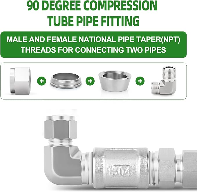 TAISHER 1PCS 316 Stainless Steel 90 Degree Compression Tube Pipe Fitting Connector, 3/8" Tube OD x 1/2" NPT Male Adapter
