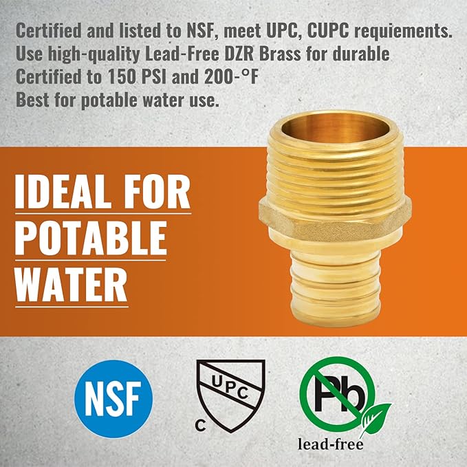SUNGATOR 2-Pack 1" Pex Male Adapter, No Lead Brass, 1 Inch Pex Fittings