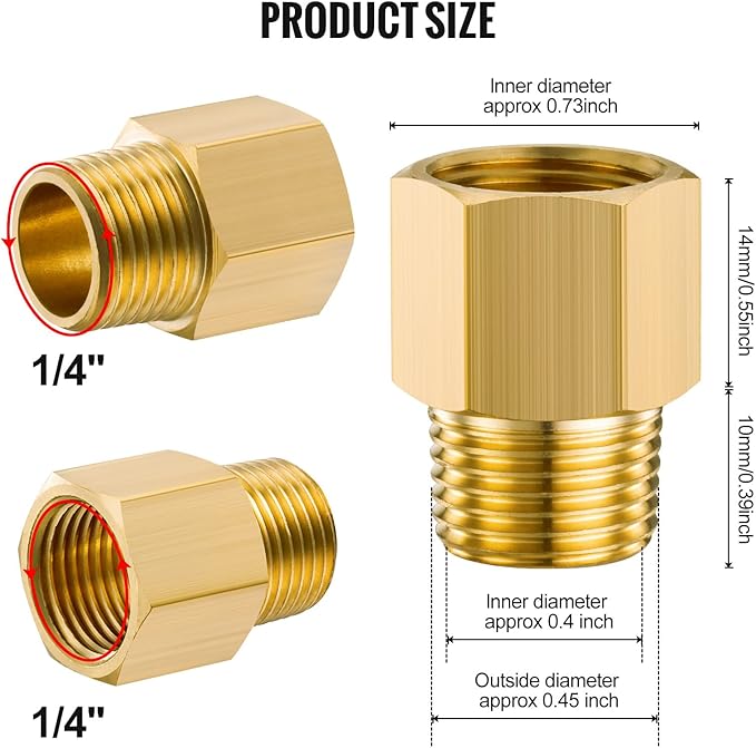2PCS Brass Pipe Fitting, 1/4" Female x 1/4" Male NPT Thread Brass Hex, Adaptor 1200psi High Pressure