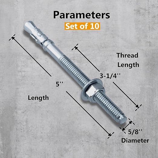 Party Animal 5/8 x 5'' Wedge Anchor, 5/8 Inch Diameter for Concrete, 10 PCs Heavy Duty Zinc Plated Concrete Wall Anchor