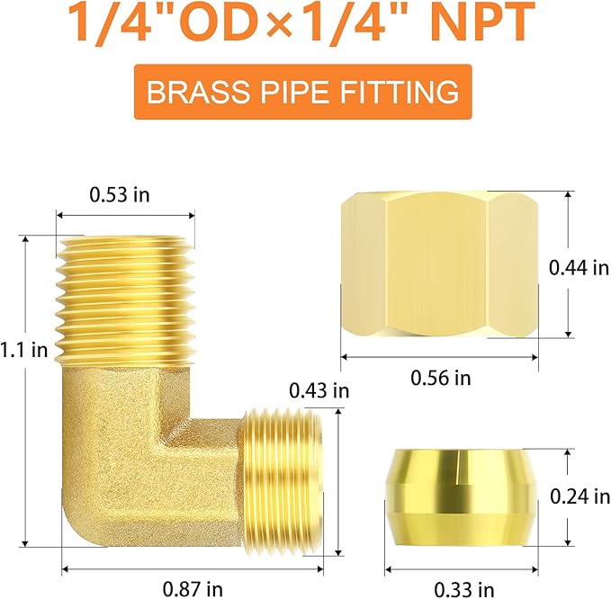GASHER 10PCS Brass 90 Degree Elbow Compression Tube Pipe Fitting Connector, 1/4" Tube OD x 1/4" NPT Male Connector
