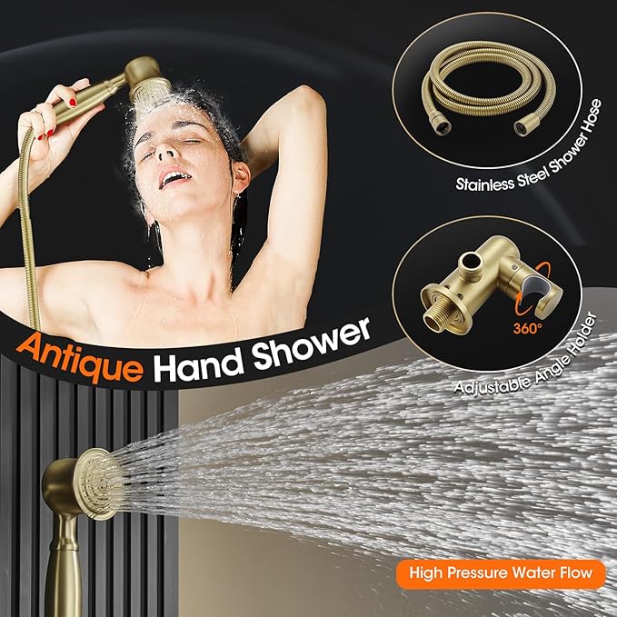 Antique Rainfall Shower System Bathroom Luxury Rain Mixer Shower Faucet Set with Pressure Balance Valve, Shower Combo Set with Rain Shower Head and Vintage Handheld Spray 9 inch Light Gold
