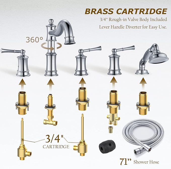 Roman Tub Faucet Set With Handheld Shower 5 Hole Deck Mount Tub Filler With Diverter, 3 Lever Handle Rough-in Valve and Water Supply Lines Included for Bathroom Tub, chrome