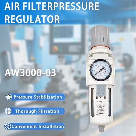XingNEeng 3/8" NPT Compressed Air Filter Regulator Lubricator Combo, Water/Oil Trap Separator, Gauge(0-150 psi), Semi-Auto Drain, Poly Bowl, 5 Micron Brass Element, Bracket, for Pneumatic Systems