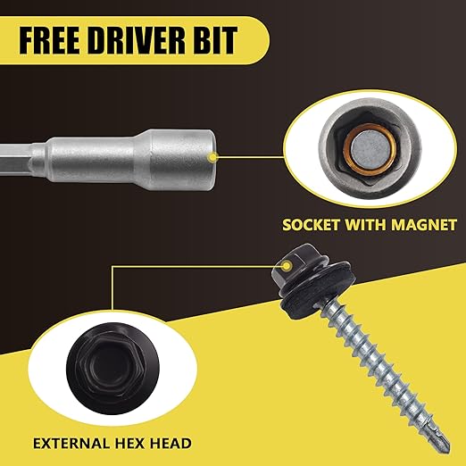 250pcs #10 x 1-1/2" Brown Hex Head Self-Drilling Metal Roofing Screws, EPDM Washer, Colored Head, Sheet Metal Roof Screw with Hex Driver Bit