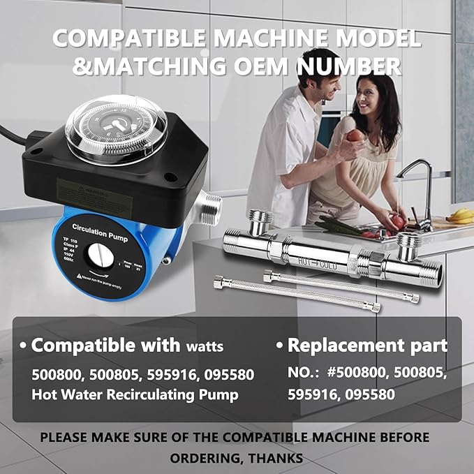 Hot Water Recirculating Pump with Timer Recirculation System & BSP 3/4" w/NPT 1/2" Adapter, Sensor Valve 304 Stainless Steel Bybass Valve Kit for Instant Hot Tank Water Heaters #595916 095580
