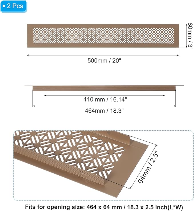 PATIKIL 20 x 3 Inch Door Air Vent Cover, 2 Pcs Heavy Duty Aluminum Grille Ventilation Cover Louvered with Mounting Screws for Cabinet Wardrobe Door, Brown