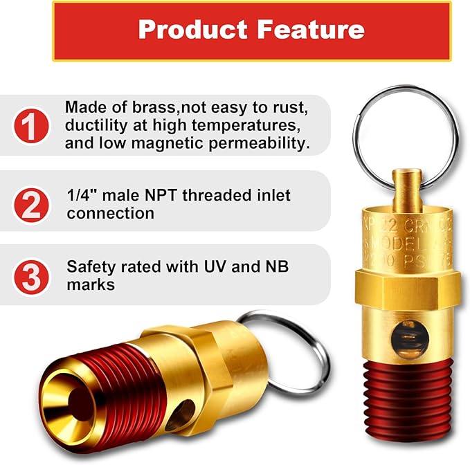 2 Pieces 1/4'' Male 200 PSI NPT Air Compressor Pressure Relief Valve Brass Safety Valve Air Compressor Check Valve