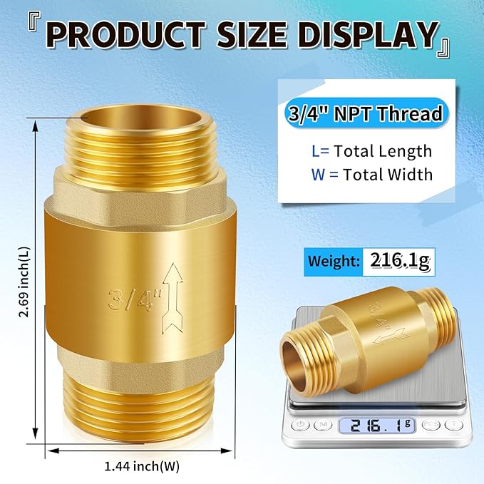 Boltigen 2Pcs 3/4in NPT Spring Check Valve, Brass Non Return One Way Check Valve, Vertical Inline Water Backflow Preventer for Well, Pump, Tank (3/4" Male x 3/4" Male(DN20))