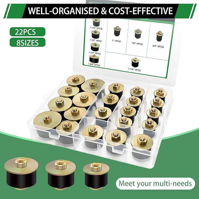 22pcs Expandable Freeze Rubber Plugs Assortment Kit, 8 Sizes Automotive Rubber Expansion Freeze Plugs Fit Hole 3/4" 7/8" 1" 1-1/8" 1-1/4" 1-3/8" 1-1/2" 1-5/8"