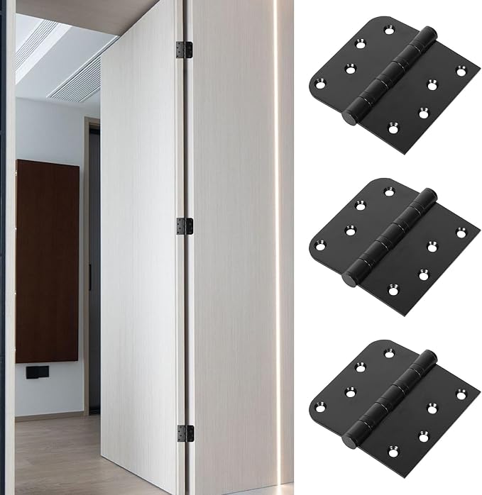 6 Pack Ball Bearing Door Hinges, 4 Inch x 4 Inch Heavy Duty Stainless Steel Door Hinges with Square & 5/8'' Round Radius Corner for Exterior & Interior Doors, Black